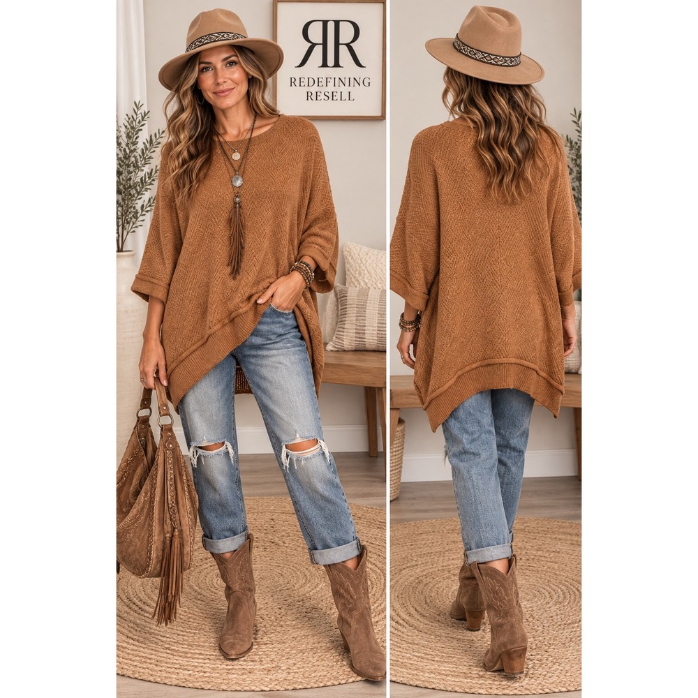 Entro Camel Brown Chevron Knit Oversized High Low Sweater XL/1X T18956P